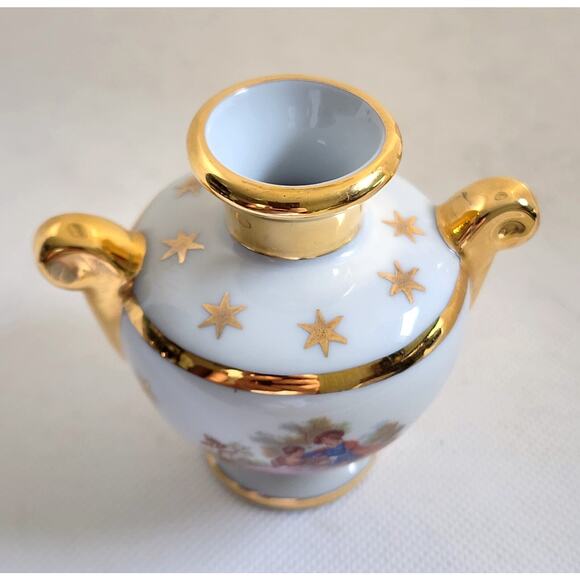 SMALL DECORATIVE VASE-LIMOGES-FRANCE-Porcelain-White-Gold Trim-Couple Image-Sml - Picture 3 of 11
